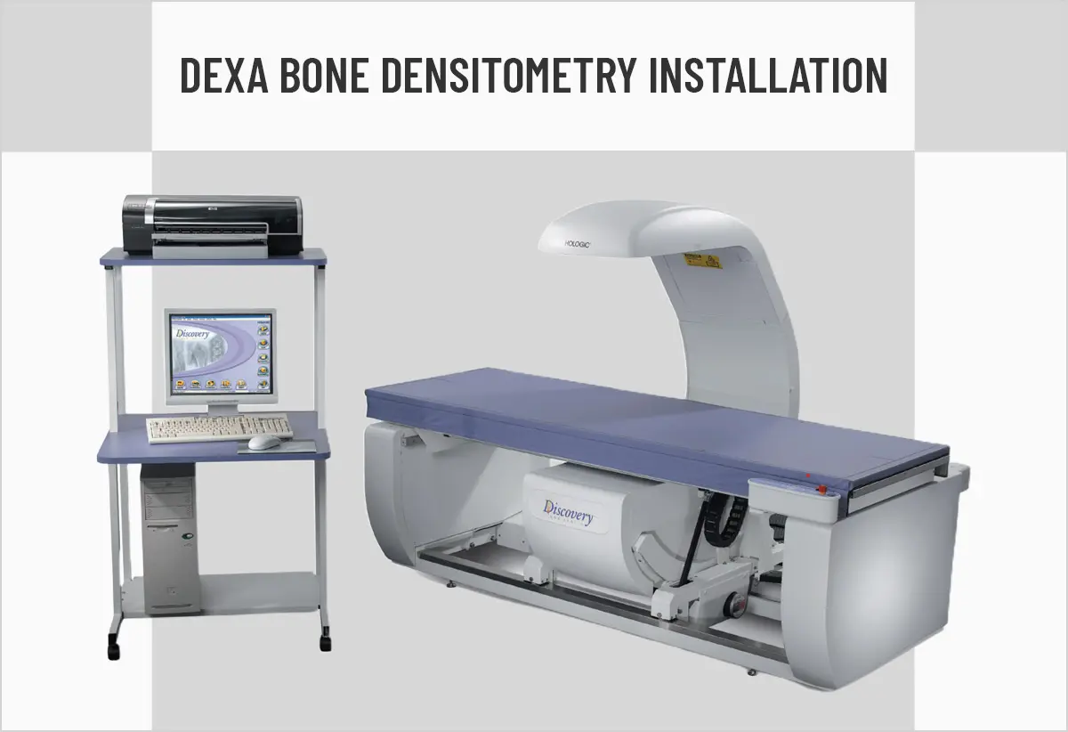 A computer desk and a bone densitometry machine.
