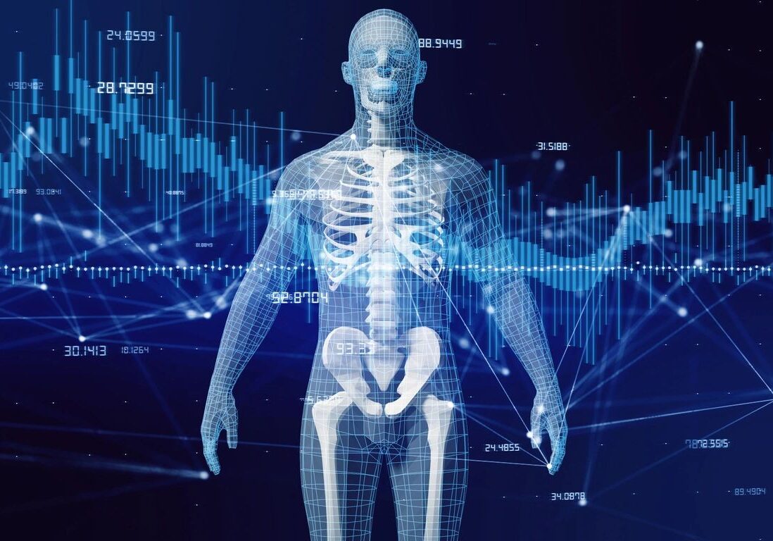 A skeleton with blue background and graphs in the background.